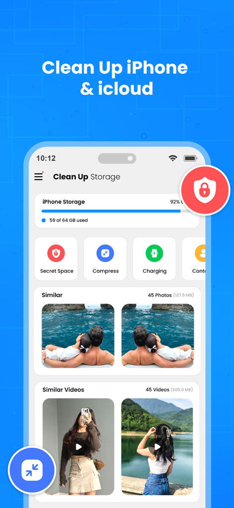 AI Cleaner - Storage Cleanup - AI Cleaner app interface showing storage usage and duplicate photo identification for iPhone cleanup