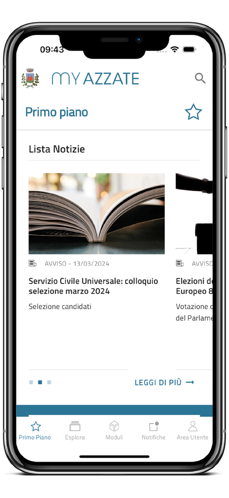 Interface do aplicativo MyAzzate mostrando uma lista de notícias e anúncios municipais