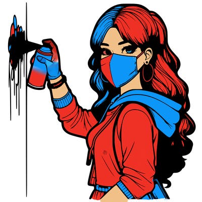 realistic girl with mask spray painting a wall