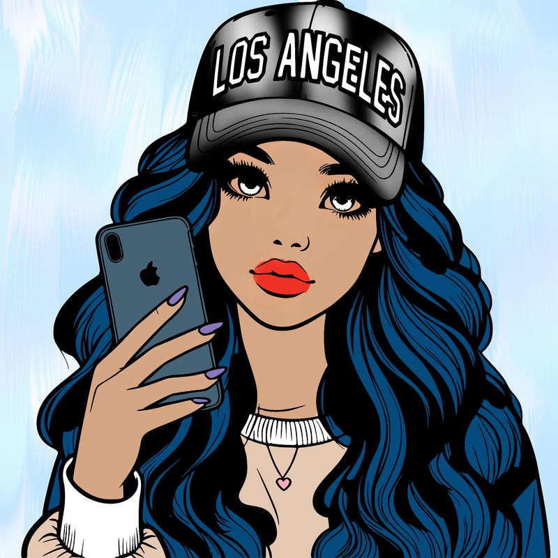 realistic beautiful girl wearing los ángeles cap holding an iphone