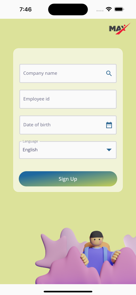 Adrenalin MAX 2.0 - Signup page for Adrenalin MAX 2.0 HRMS mobile application showing registration fields