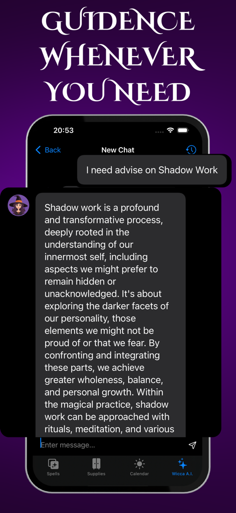 Wicca・Witchcraft Witch Spells - A smartphone showing a chat interface with an AI magic practitioner giving advice on shadow work within the Wicca witchcraft app.