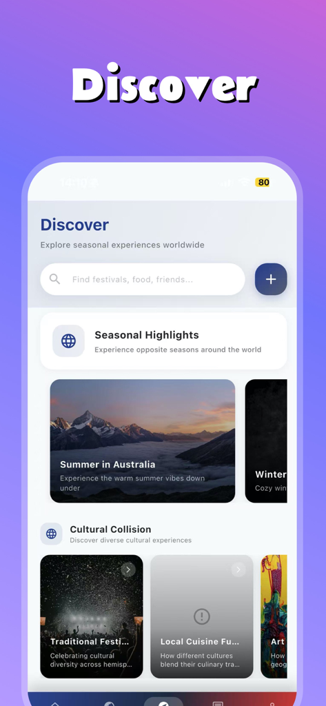 Tiok app interface displaying the Discover tab with seasonal highlights and cultural festivals