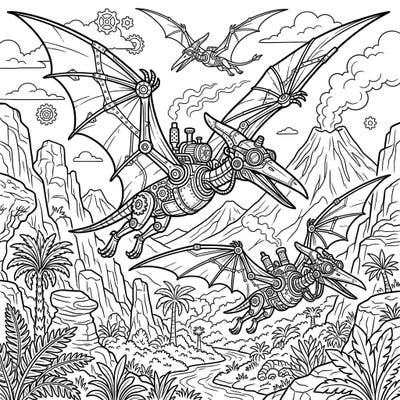 Embark on an epic coloring journey with our Steampunk Pterodactyls design, where ancient creatures meet futuristic Victorian machinery. This intricate template offers a thrilling blend of prehistoric wonder and industrial fantasy, perfect for unleashing your vibrant imagination.