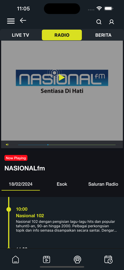 RTMKlik app interface displaying live radio streaming for Nasional FM