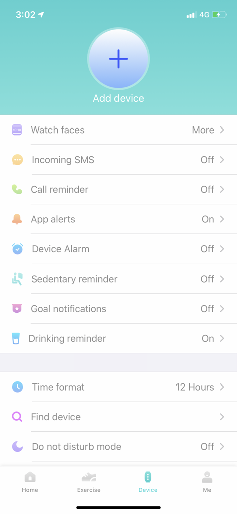 Vfit app device settings page showing options for adding a device, managing watch faces, and setting health reminders.
