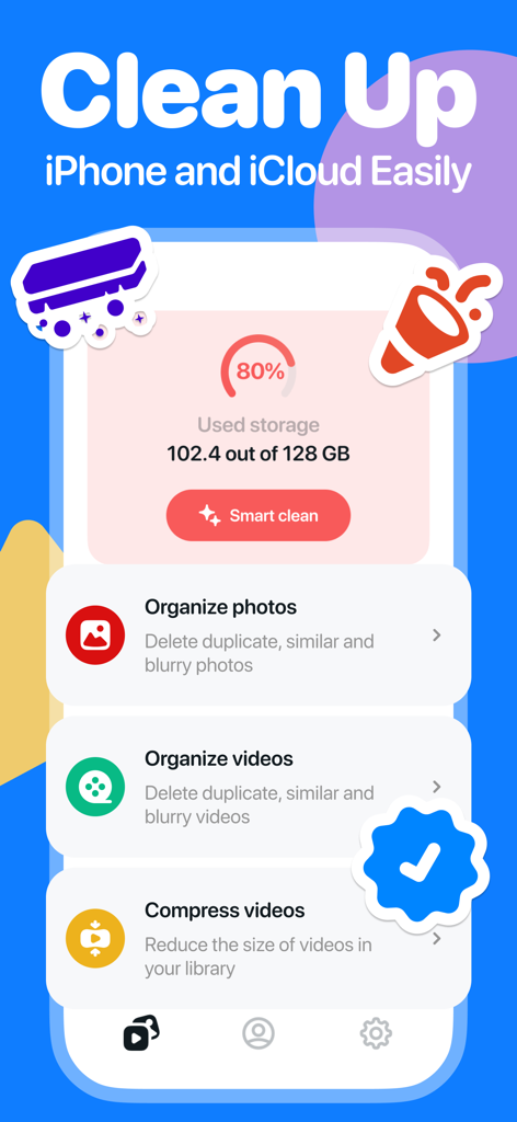 Oberfläche der CleanUp Now App, die die Speichernutzung und Werkzeuge zur Organisation von Fotos und Videos anzeigt