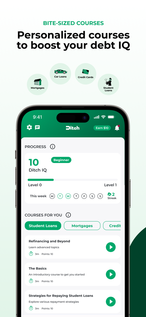 Ditch: Pay Off Debt Faster - Ditch app interface showing bite-sized financial courses and debt IQ progress tracker