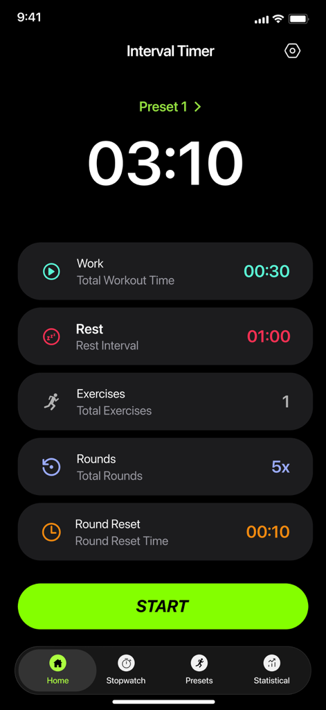 Interval timer · Hiit timer - HIITセッションのためにカスタマイズ可能なワークアウト設定が表示されたインターバルタイマーアプリのメイン画面
