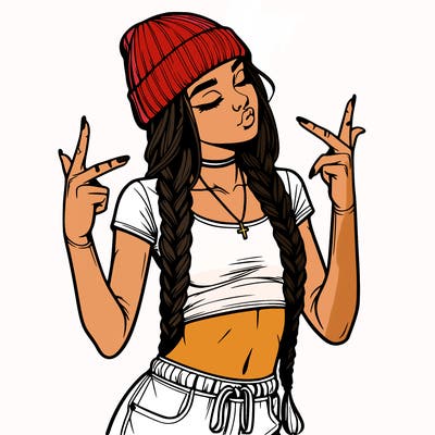 realistic teenage girl with braids and a beanie and crop top doing 🫶🏼