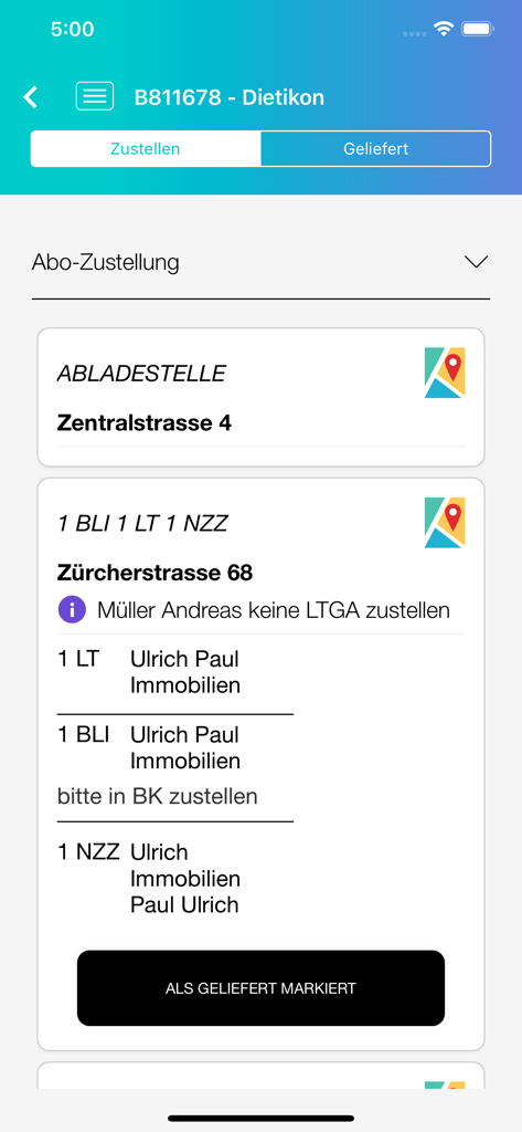 Presto EZBアプリの配達先住所画面、特定の顧客指示付き