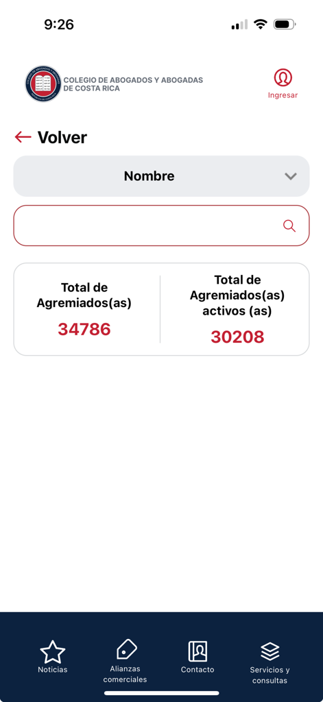CAAB_CR - Search screen of the CAAB_CR app for the Costa Rican Bar Association showing member statistics and directory search functionality.