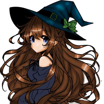 an anime girl with flowing hair, witch hat and witch