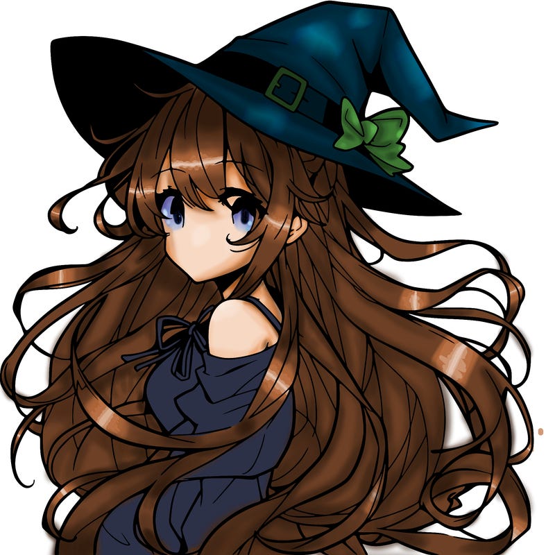 an anime girl with flowing hair, witch hat and witch