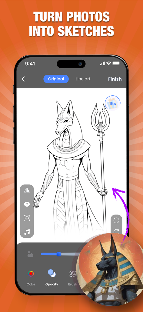 Draw Anime: Paint & Sketch App - Draw Animeアプリを使用して、エジプトのキャラクターの写真を線画スケッチに変換していることを示すモバイルインターフェース