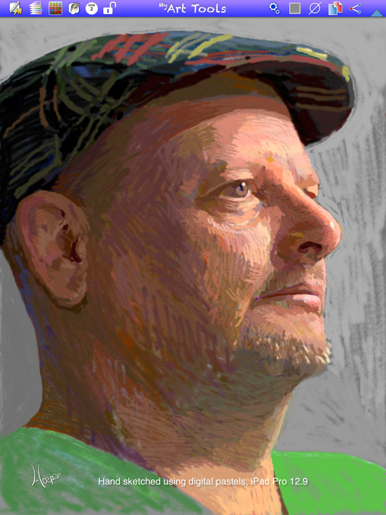 Un retrato digital realista de un hombre con gorra a cuadros dibujado a mano con pasteles digitales en la aplicación MyArtTools
