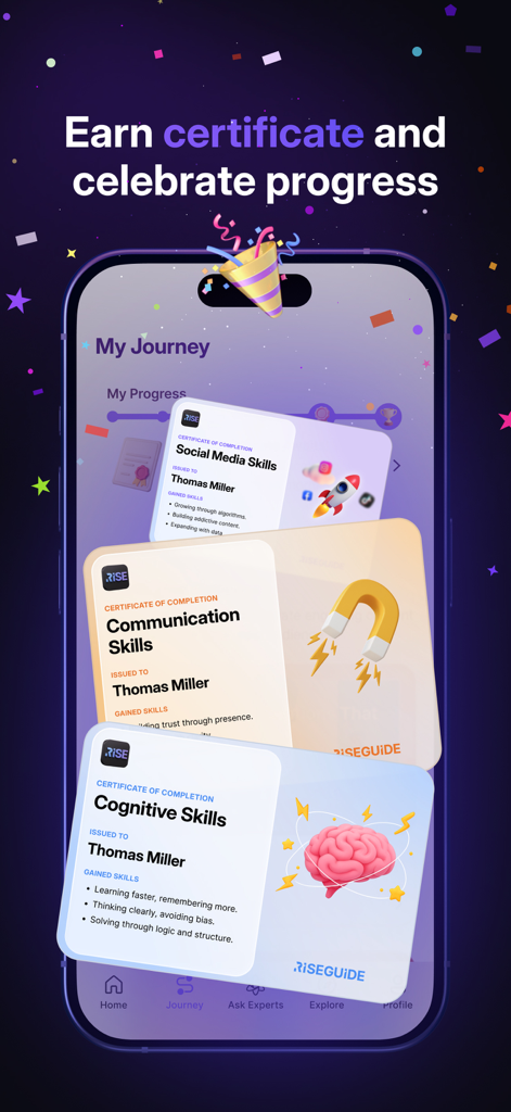 전문 기술 및 진행 상황 추적을 위한 디지털 인증서를 보여주는 RiseGuide 앱 인터페이스