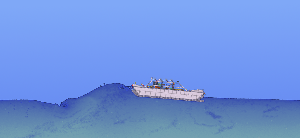 Water Box: Sandbox Playground - A white ship floating on realistic blue water waves in the Water Box physics simulation game.