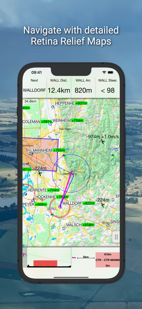 A smartphone displaying the iGlide Lite app with a detailed topographical relief map and soaring flight navigation data