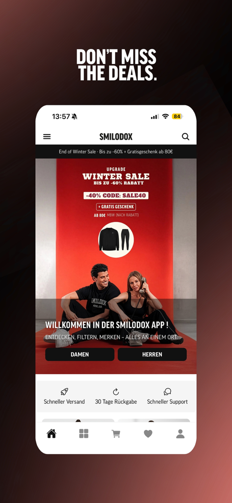 Smilodox - Pantalla principal de la app fitness y lifestyle Smilodox mostrando una promoción de rebajas de invierno con códigos de descuento.