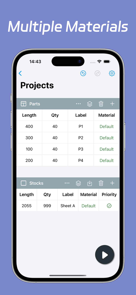 Oberfläche, die mehrere Materialteile und eine Stückliste in CutList Optimizer anzeigt
