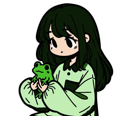 girl with long hair and a oversized shirt. and she is holding a frog