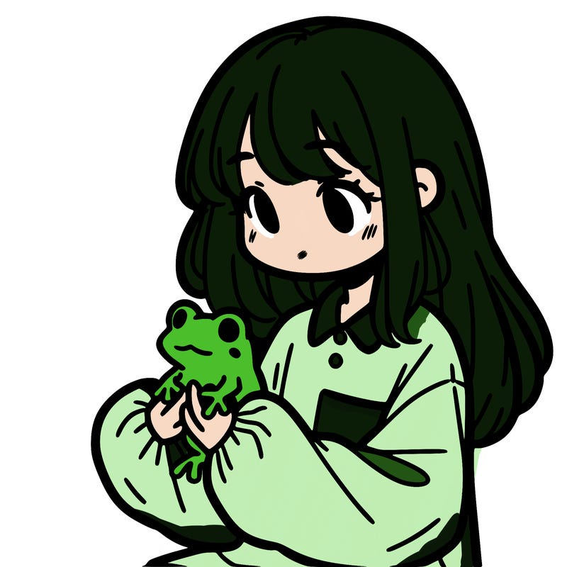 girl with long hair and a oversized shirt. and she is holding a frog