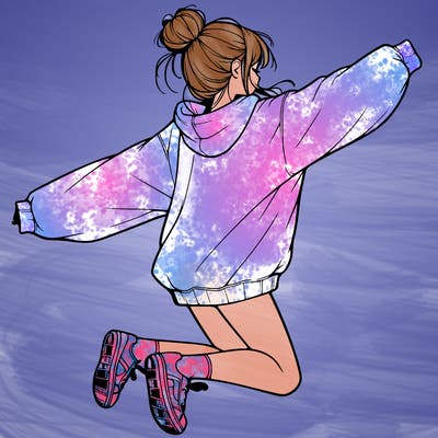 realistic girl jumping with a bun and oversized sweatshirt