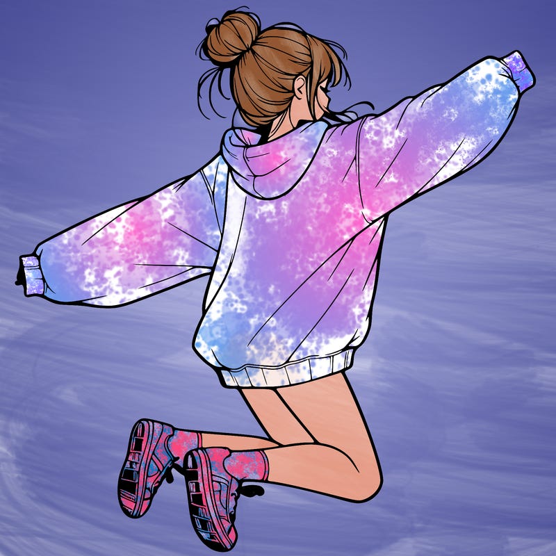 realistic girl jumping with a bun and oversized sweatshirt