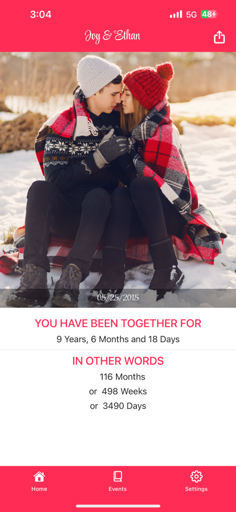 App interface showing the total time a couple has been together in years, months, weeks, and days.
