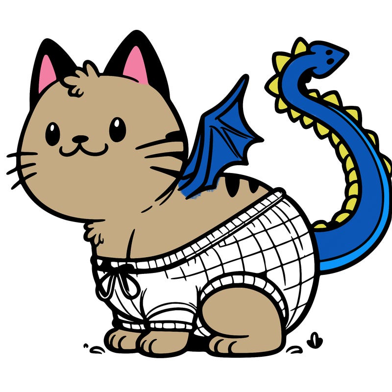 a cat wearing underpants with a dragon tail