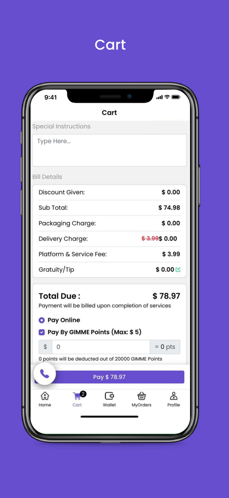 Checkout screen of GIMME Drinks app displaying bill details total price and payment options