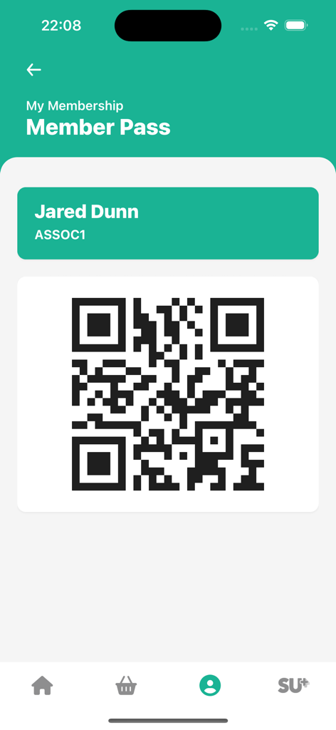 Students' Union - Digital student union member pass with a QR code for Jared Dunn