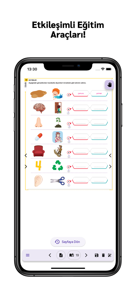 Interactive Turkish language exercise within the Gunay Mobil Kutuphane app on a mobile device