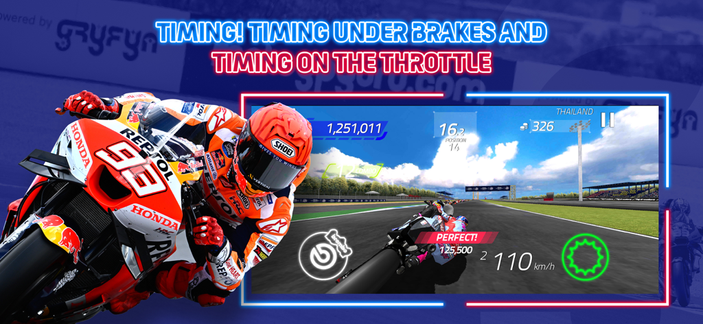 Official MotoGP Racing game screenshot showing Marc Marquez and gameplay timing mechanics