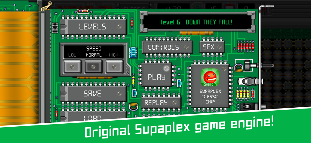 Supaplex - Supaplex main menu interface featuring a retro green circuit board design with game options and level selection.