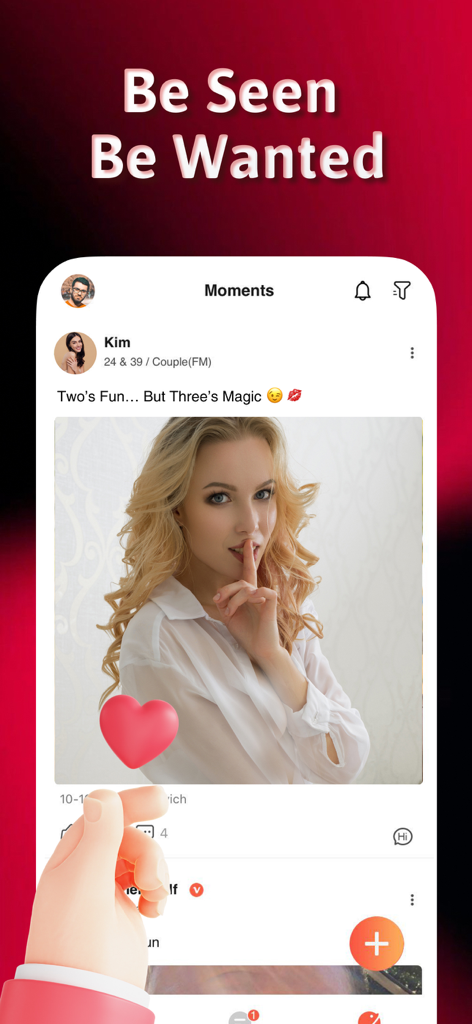 Moments screen of 3rder dating app for couples and singles featuring a user post