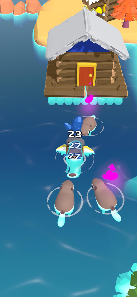 Castores nadando en el agua cerca de una construcción de madera en Beaver Builder