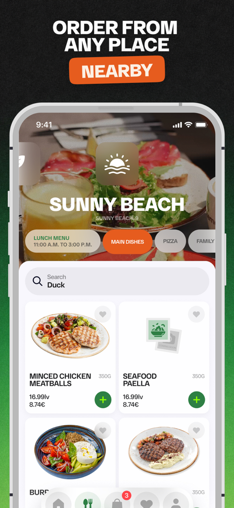 La Flor Bar and Grill Mobil-App, die die Speisekarte und Bestelloptionen für Sunny Beach zeigt
