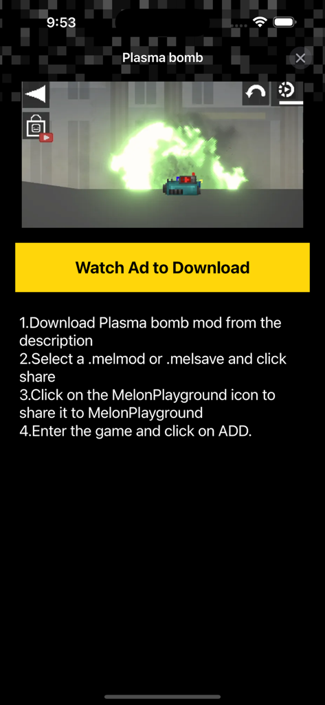 Tela de download para o mod Plasma Bomb no Melon Mods, mostrando uma imagem de pré-visualização e instruções de instalação
