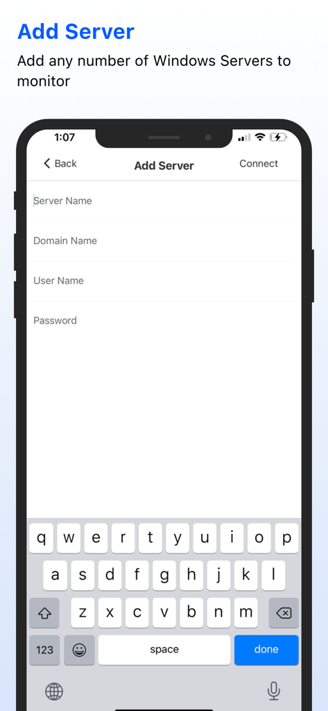 Oberfläche zum Hinzufügen eines neuen Windows-Servers mit Feldern für Name, Domäne und Anmeldeinformationen.