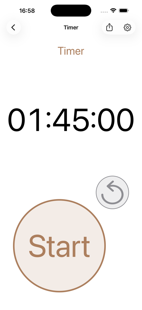 Nombri (Tally Counter) - Nombri app digital timer screen displaying a countdown of one hour and forty-five minutes with a large circular start button.