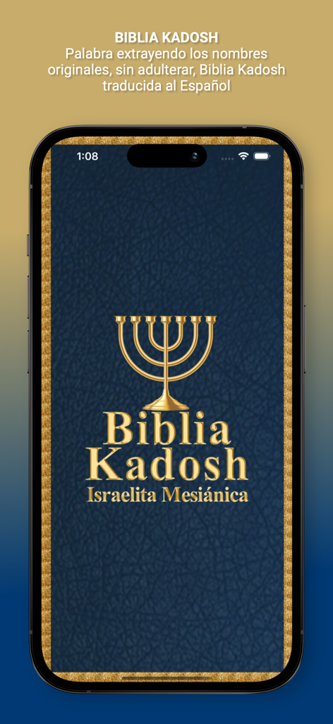 Biblia Kadosh - Biblia Kadosh app splash screen featuring a golden menorah and the title Biblia Kadosh Israelita Mesianica