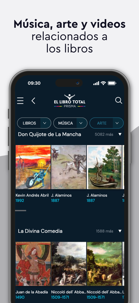 El Libro Total - El Libro Total app screen displaying classical art and music related to famous books like Don Quijote