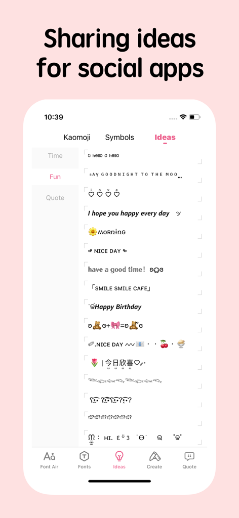 App-Screenshot, der kreative Text- und Bildunterschriften-Ideen für Social-Media-Posts zeigt.