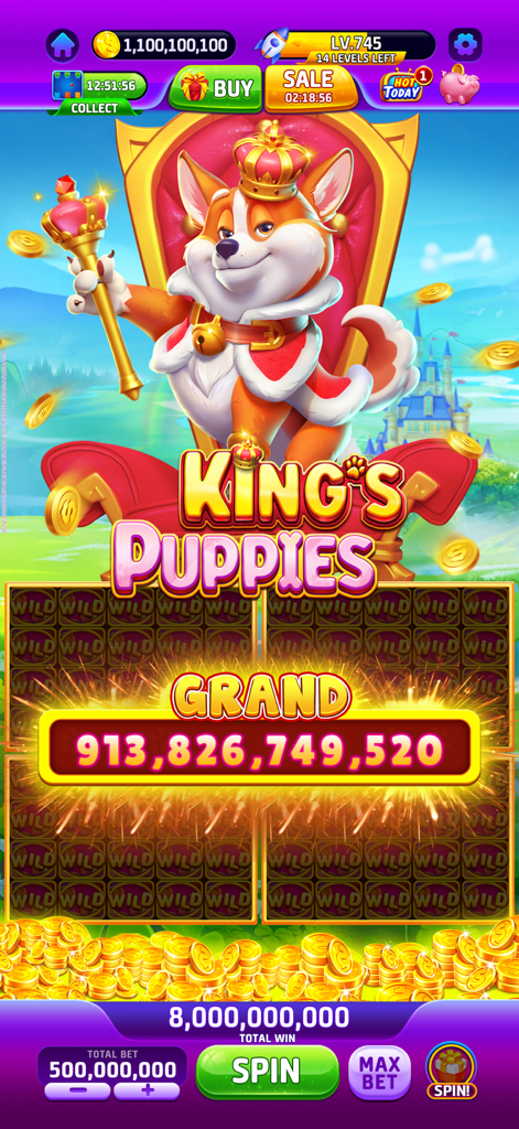 Buffalo Slots™-Casino Jackpots - Pantalla de gran bote en la máquina tragaperras Kings Puppies con un personaje de corgi real en un trono.