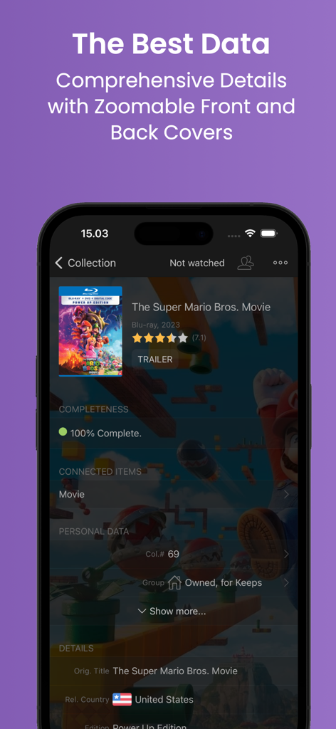 Captura de pantalla de la aplicación My Movies 5 Pro que muestra detalles completos de películas y seguimiento de la colección para The Super Mario Bros Movie.