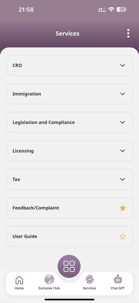 QFC Client - Screenshot of the QFC Client app services menu featuring categories for immigration licensing and compliance