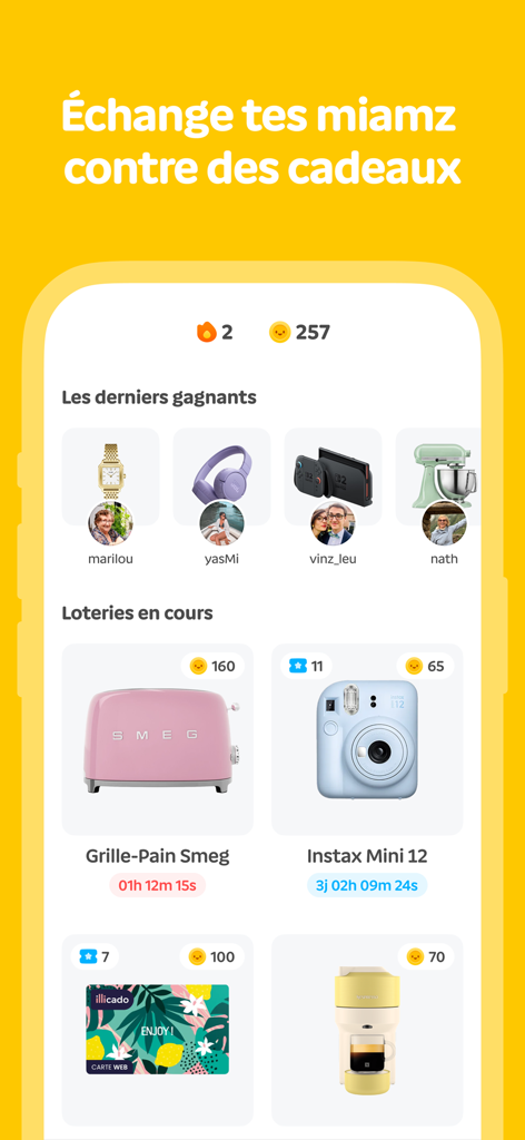 Mobile app screen showing winners and active gift lotteries for electronics and kitchen appliances