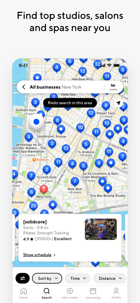 Vista mappa dell'app ClassPass che mostra studi di fitness e benessere a New York City